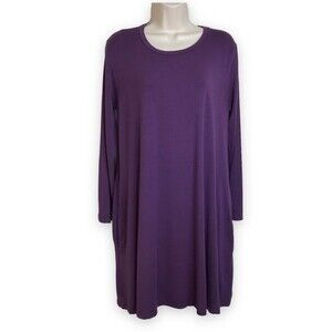 Piko 1988 Swing Dress Purple Bamboo Pockets Long Sleeve Round Neck Women Medium